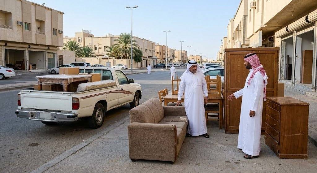 فريق عمل محترف يقوم بفحص وتقييم الأثاث المنزلي بعناية ضمن خدمات شراء الأثاث المستعمل حي العقيق بالرياض لضمان تقديم أفضل الأسعار وتوفير تجربة مريحة وسريعة.